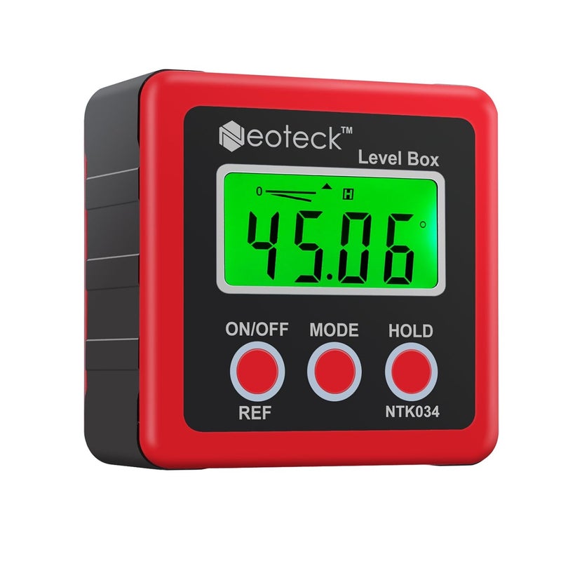 Neoteck Digital Angle Finder, Backlight LCD Digital Angle Gauge Protractor Inclinometer Bevel Box, Magnetic Base, Data Hold, IP54 Dust and Water Resistant- Red - Image 1